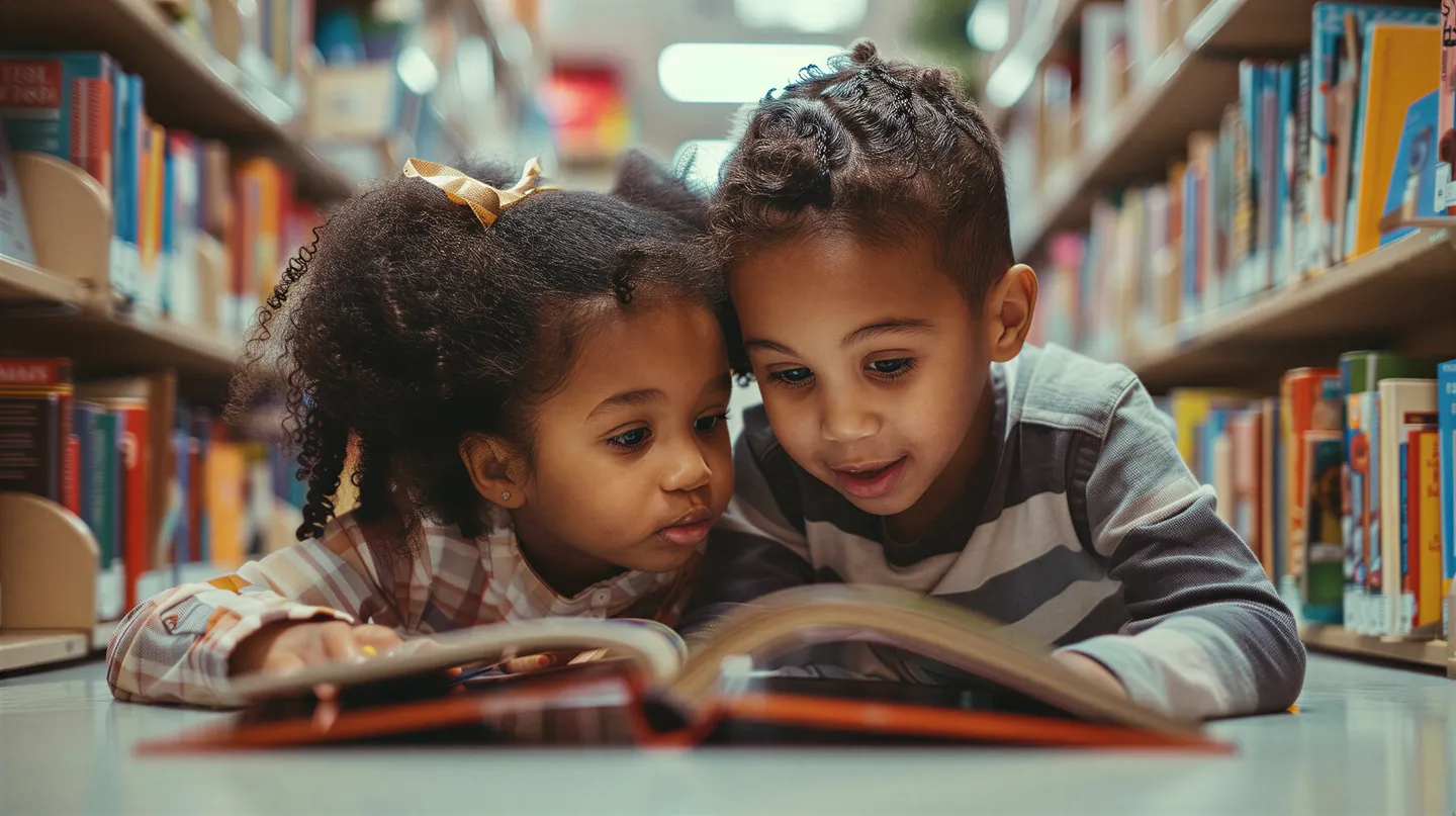 Dos niños pequeños acostados en el piso de una biblioteca, leyendo juntos un libro ilustrado