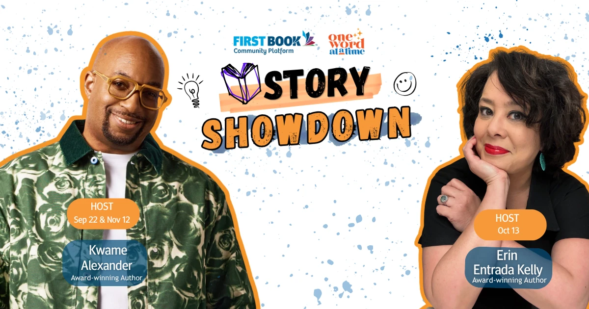 Promotional graphic for Story Showdown on September 22, 2026 at 1 PM ET, hosted by Kwame Alexander, featuring Tiffany D. Jackson, Jenni Holm, and Jerry Craft.