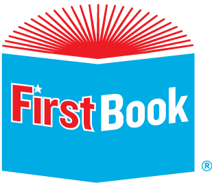 First Book logo: An open cerulean blue book with red pages, First Book written across the front.