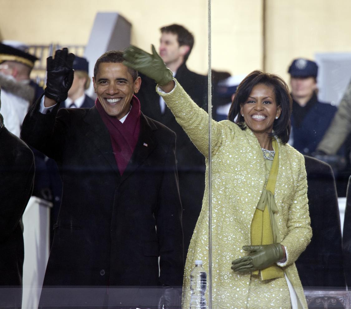 2009 Inaugural Parade. Michelle and Barack Obama watch the parade from the viewing stand in front of the White House, Washington, D.C.