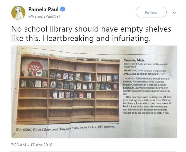Empty school library shelves in Michigan.