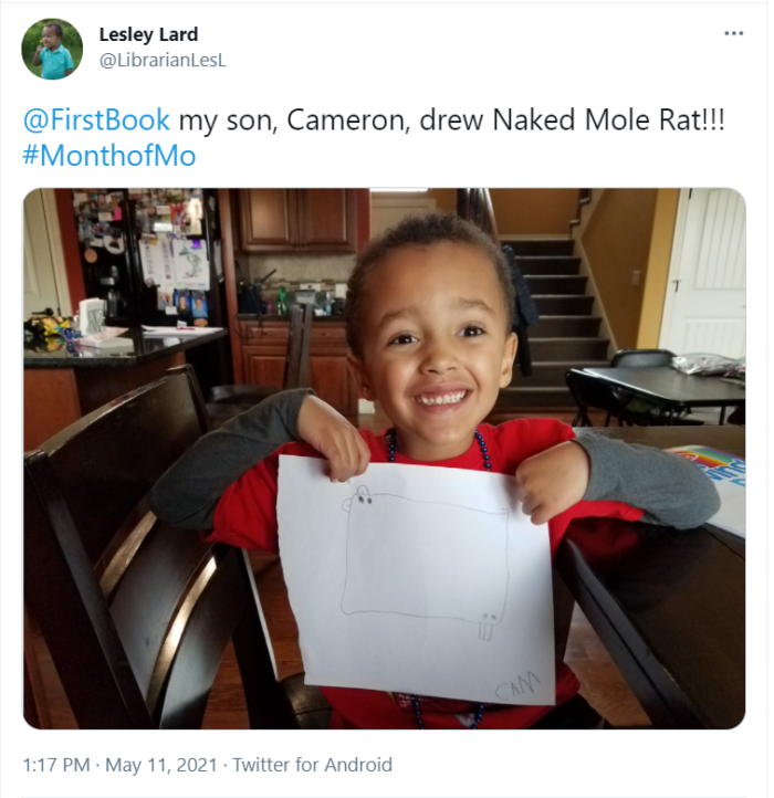 Twitter Screenshot saying "@FirstBook my son, Cameron, drew Naked Mole Rat!!! #MonthofMo"