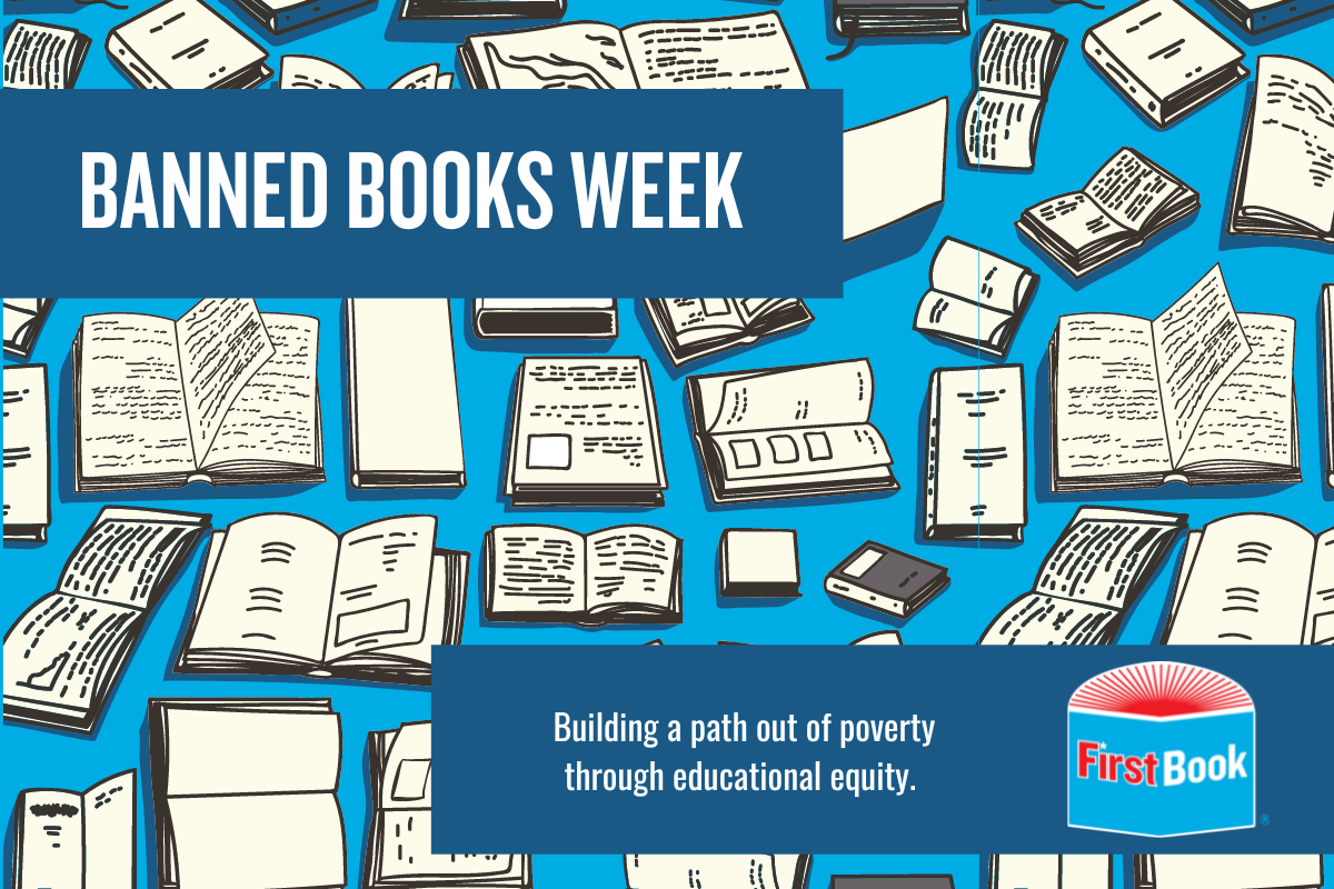 banned books week graphic with drawings of open books