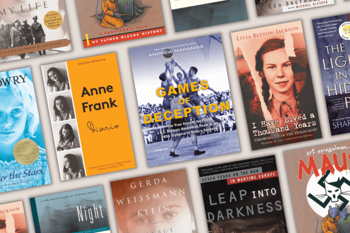 A collage of books about the Holocaust