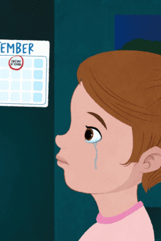 illustration of a young girl with a tear rolling down her face. She is looking at a image on a fridge, and there is a calendar with the 1st day of school marked on it.