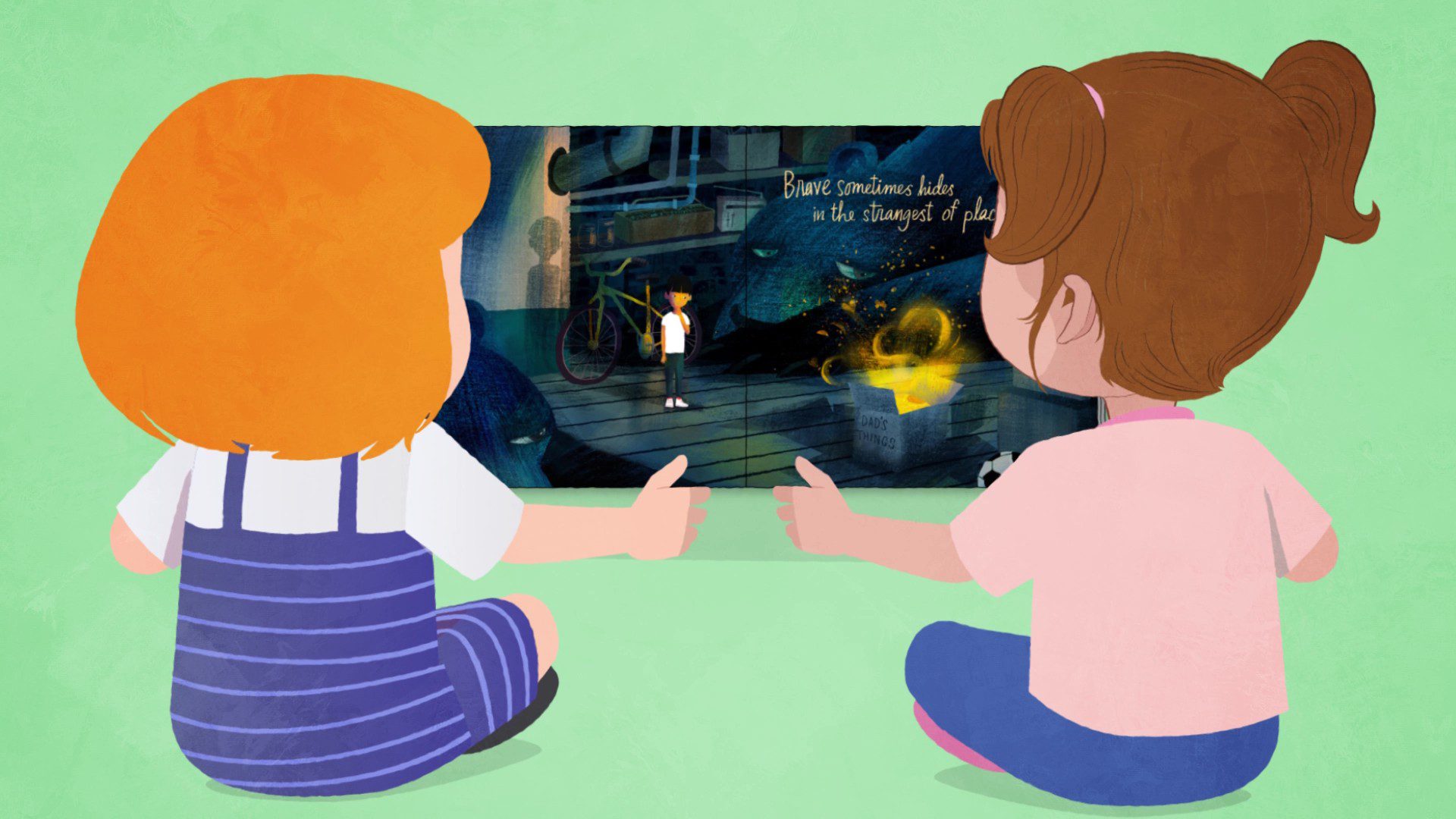 frame from video PSA about childhood grief. Drawing of two children sitting down, looking at a picture book.