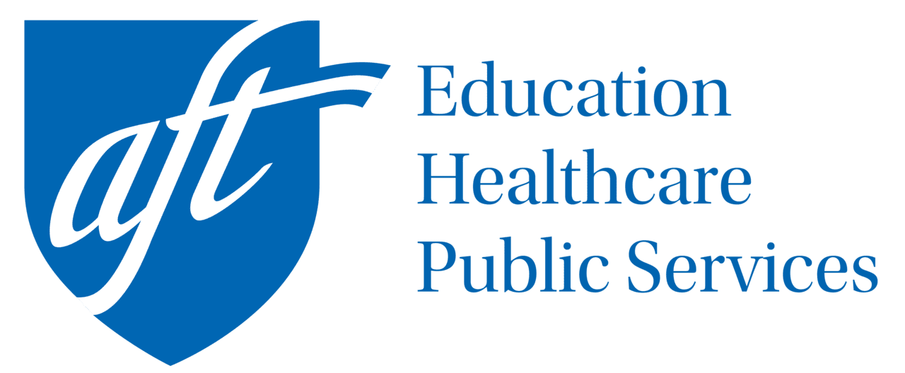 American Federation of Teachers (AFT) logo featuring a blue shield with the lowercase white script letters “aft” across it. To the right of the shield, blue text reads: “Education, Healthcare, Public Services.”