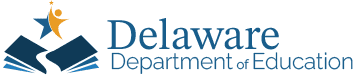 Delaware Department of Education logo featuring a stylized figure reaching for a star between two open books, with the text “Delaware Department of Education” in blue.