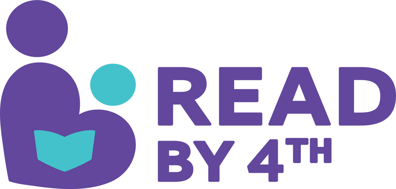 Read by 4th logo featuring a stylized purple figure reading to a smaller teal figure, with a teal book icon at the center. Bold purple text to the right reads: “READ BY 4TH.”